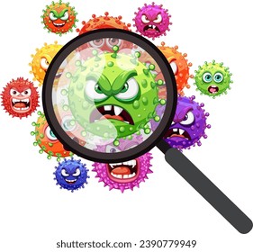 A cartoon illustration of scary bacteria and germs seen through a magnifying glass