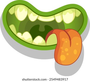 Cartoon illustration of a scary green monster mouth with sharp teeth and a long orange tongue sticking out, ideal for halloween projects