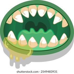 Cartoon illustration of a scary green monster mouth with sharp teeth and dripping slime, perfect for halloween or spooky themes