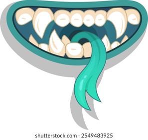 Cartoon illustration of a scary monster mouth with sharp teeth and a long green tongue hanging out, ideal for halloween or fantasy projects