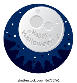 Cartoon illustration with scary moon over the forest. Vector illustration