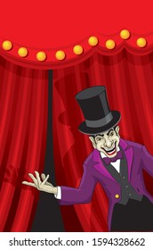 Cartoon illustration of a scary ring master welcoming to the show