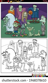 Cartoon illustration of scary zombie characters group coloring book page