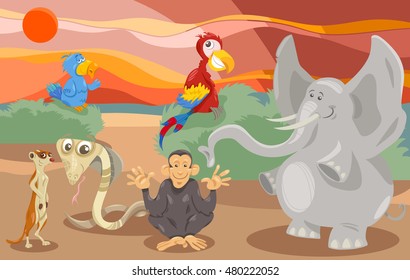 Cartoon Illustration of Scene with Wild Animal Characters Group