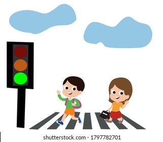 Cartoon Illustration Of School Children Crossing The Road At A Green Light