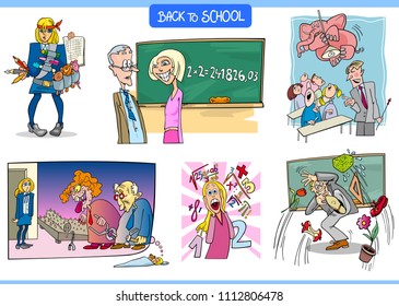 Cartoon Illustration of School and Education Characters and Situations Set