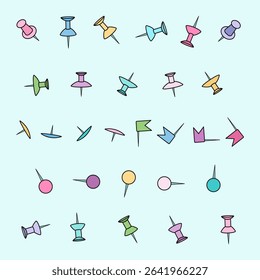 Cartoon illustration school or office stationery of colorful push pins set and map tacks in various shapes on blue background. For back to school supplies concept, education visual, educational theme.
