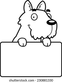 A cartoon illustration of a Scottie with a sign.