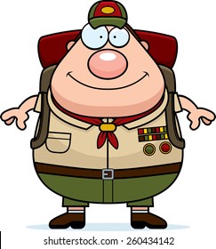 A cartoon illustration of a scoutmaster with a backpack.