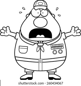 A cartoon illustration of a scoutmaster looking scared.
