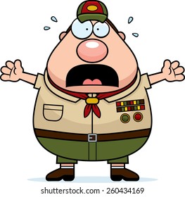 A cartoon illustration of a scoutmaster looking scared.