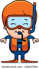 A cartoon illustration of a scuba diver boy standing and smiling.