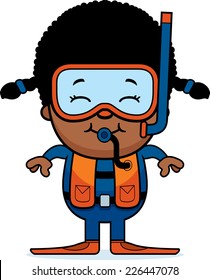 A cartoon illustration of a scuba diver girl standing and smiling.