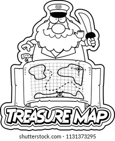 A cartoon illustration of a sea captain with a treasure map and treasure map text.
