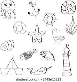 Cartoon illustration with sea creatures on a white background for decoration.Graphic illustration. Vector illustration