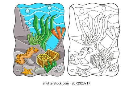 cartoon illustration sea eels guard the treasure filled with gold in the sea book or page for kids