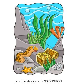 cartoon illustration sea eels guard the treasure filled with gold in the sea