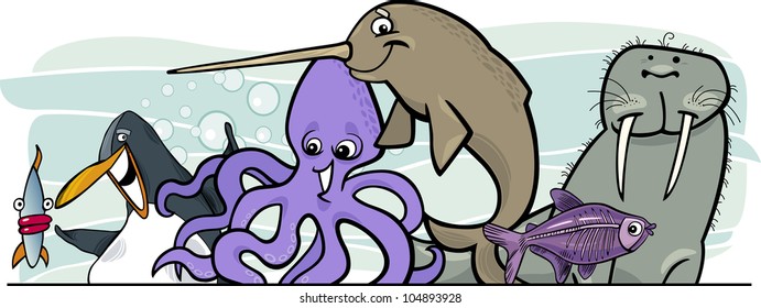 Cartoon illustration of Sea Life Animals header design