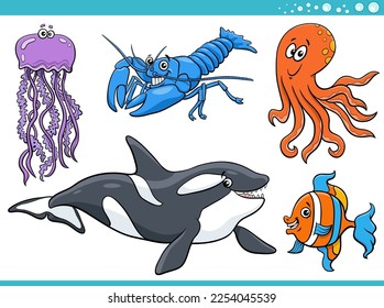 Cartoon Illustration of sea life or marine animal characters set