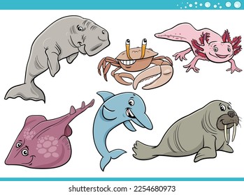 Cartoon Illustration of sea life or marine animal characters set