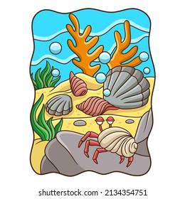 ilustración de dibujos animados las conchas marinas caminan por los arrecifes de coral hacia aguas más profundas