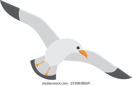 Cartoon illustration of a seagull flying with spread wings, isolated on a white background. Perfect for projects related to nature, birds, or wildlife