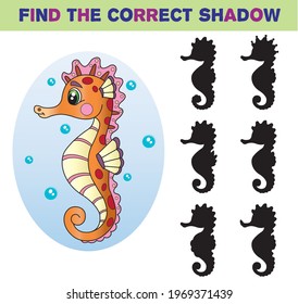 Cartoon illustration of seahorse. Find the correct shadow. Cartoon vector illustration. Educational game for children.