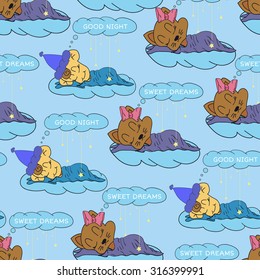 A cartoon illustration of seamless pattern hand drawing of a smiling stars and sleeping babies. Suitable for interior design baby room or bed linen. Vector illustration