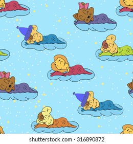 A cartoon illustration of seamless pattern hand drawing of a smiling sleeping babies. Suitable for interior design baby room or bed linen. Colorful Vector illustration