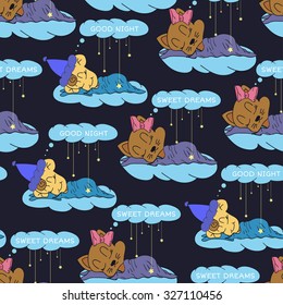 A cartoon illustration of seamless pattern hand drawing of a smiling stars and a sleeping child. Suitable for interior design baby room or bed linen. Vector illustration