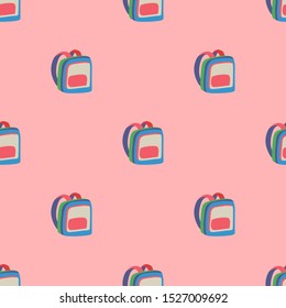 Cartoon illustration with seamless pattern with multicolor backpack on pink background for print design. Modern colorful flat decoration vector elements.