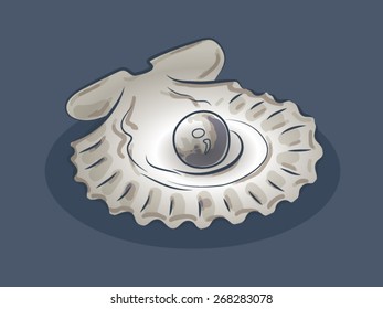 cartoon illustration of seashell shell with a pearl with a black outline isolated