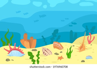 Cartoon illustration of seashells and corals in sand. Seaweed, silhouettes of fish, underwater life, creatures and plants under water surface. Snorkeling, diving, tourism, traveling concept