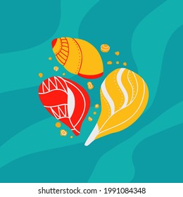 Cartoon illustration of seashells with sands with doodle ornament on blue background with wave. Flat drawing ocean inhabitants with boho pattern. Vector molluscs, shells and snails with decoration