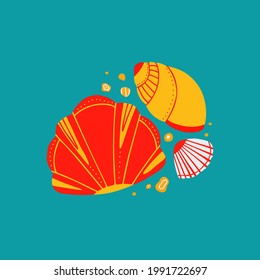 Cartoon illustration of seashells with sands with doodle ornament on blue background. Flat drawing ocean inhabitants with boho pattern. Vector molluscs, shells and snails with decoration