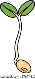 A cartoon illustration of a seedling emerging from a seed, featuring green leaves and a curved stem.