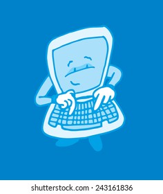 Cartoon illustration of self aware intelligent computer typing on its keyboard