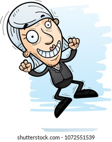 A cartoon illustration of a senior citizen businesswoman jumping.