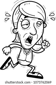 A cartoon illustration of a senior citizen businesswoman running and looking exhausted.