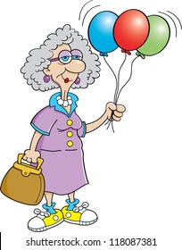 Cartoon illustration of a senior citizen holding balloons.