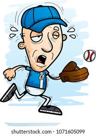 A Cartoon Illustration Of A Senior Citizen Man Baseball Player Running And Looking Exhausted.