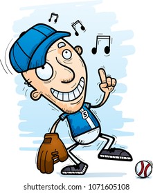 A cartoon illustration of a senior citizen man baseball player dancing.