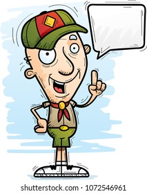 A cartoon illustration of a senior citizen man scout talking.