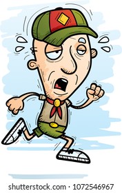 A cartoon illustration of a senior citizen man scout running and looking exhausted.