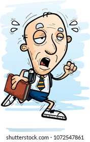 A cartoon illustration of a senior citizen man student running and looking exhausted.