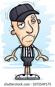 A cartoon illustration of a senior citizen man referee looking sad.