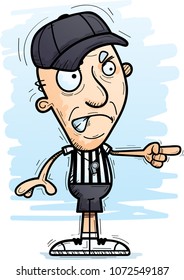 A cartoon illustration of a senior citizen man referee looking angry and pointing.