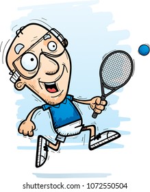 A cartoon illustration of a senior citizen man racquetball player running.