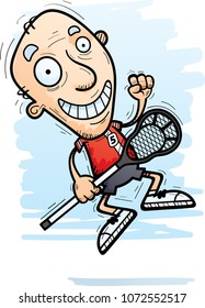 A cartoon illustration of a senior citizen man lacrosse player jumping.