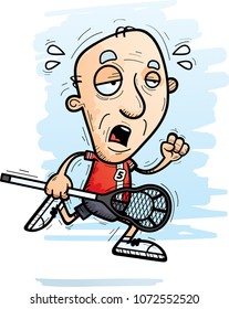 A cartoon illustration of a senior citizen man lacrosse player running and looking exhausted.